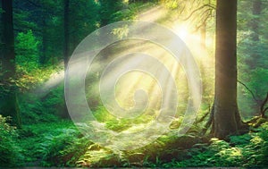 Rays of sunlight pierced through the thickness of the green forest