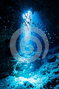 Rays of sunlight into the underwater cave