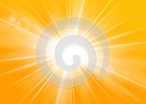 Rays yellow background. Gold sunny sky. Heat sunburs, hot weather. Sunshine orange sky. White warm sunlight. Bright