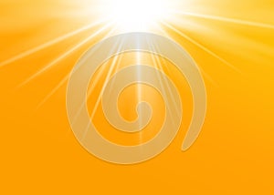 Rays yellow background. Gold sunny sky. Heat sunburs, hot weather. Sunshine orange sky. White warm sunlight. Bright