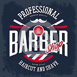 Razor and mustache on barbershop logo or sign