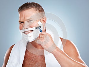 Razor shave, man smile and portrait with cream for face cleaning, wellness and skincare. Morning grooming, foam and