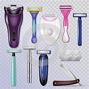 Razor vector realistic sharp blade sharp shaver and personal male shaving equipment illustration hygiene set of woman