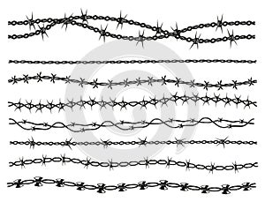 Razor wire collection. Barbed wire military border, dangerous chain of sharp barbed wire, danger warning silhouette for