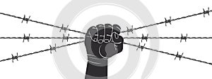 Razor wire and hand. Human hand squeezing barbed wire. Vector scalable graphics