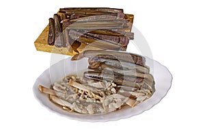 Fresh molluscs razorshell ensis in shells on white background