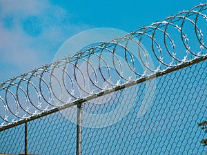 Razorwire fence atop a chain link fence