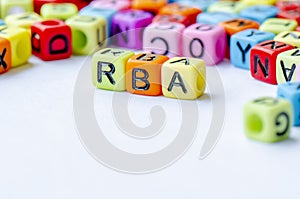 RBA text on multicolored cube representing Rights Based Approach. Conservation concept.