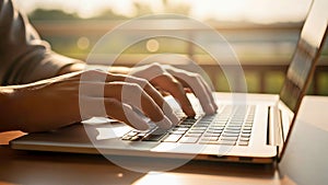 Hands Typing on Laptop Keyboard in Warm Sunlight