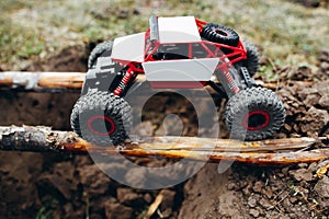 Rc car roading on wooden beams above hollow