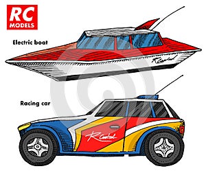 RC transport, remote control models. toys design elements for emblems. boat or ship and car or machine. revival radios