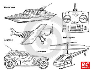 RC transport, remote control models. toys design elements for emblems. boat or ship and car or machine. revival radios