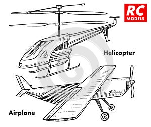 RC transport, remote control models. toys design elements for emblems, icon. helicopter and aircraft or plane. revival