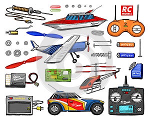 RC transport, remote control models. toys or instruments. set details. devices, equipment, tools for service and