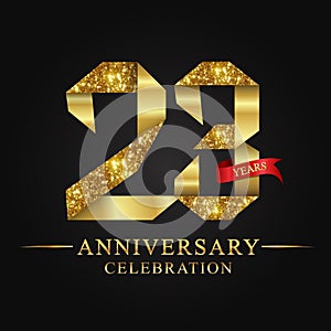 23rd anniversary years celebration logotype. Logo ribbon gold number and red ribbon on black background. photo