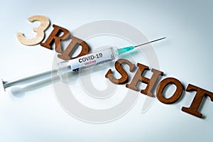 3rd covid vaccine booster shot concept with face mask. Syringe is seen on table as a concept for the 3rd covid-19 vaccine dose,