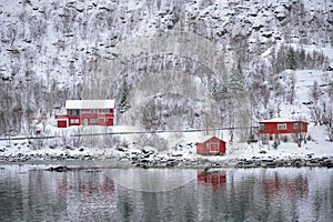 Rd rorbu houses in Norway in winter