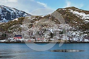 Rd rorbu houses in Norway in winter