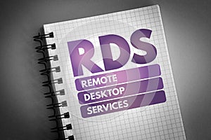 RDS - Remote Desktop Services acronym on notepad, technology concept background