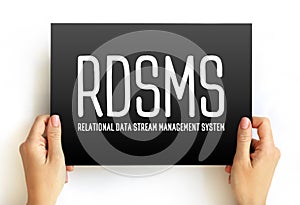 RDSMS - Relational Data Stream Management System acronym text on card, abbreviation concept background