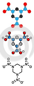 RDX cyclotrimethylenetrinitramine explosive molecule. Stylized 2D renderings and conventional skeletal formula...