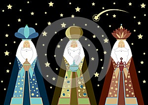 Three wise men Christmas. Three biblical Kings, Caspar, Melchior and Balthazar. Bethlehem Nativity concept, Happy Epiphany photo