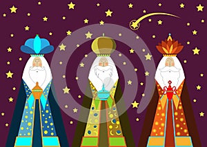 Three wise men Christmas. Three biblical Kings, Caspar, Melchior and Balthazar. Bethlehem Nativity concept, Happy Epiphany photo