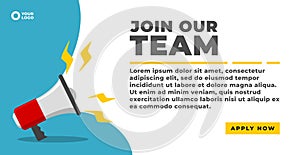 We`re hiring banner with a megaphone flat vector illustration. join us, join our team vector graphic