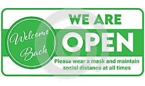 We`re open again vector illustration to welcome customers after coronavirus pandemic as the markets start to reopen with necessar