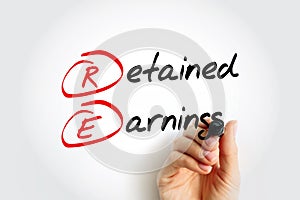 RE Retained Earnings - accumulated net income of the corporation that is retained by the corporation at the end of the reporting