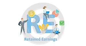 RE, Retained Earnings. Concept with keywords, letters and icons. Flat vector illustration. Isolated on white background.