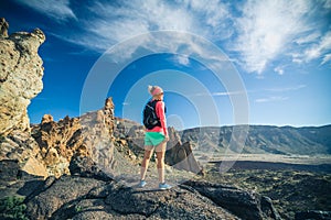 Reached life goal, girl looking at inspirational landscape