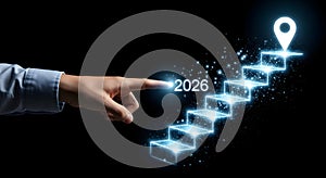 Hand Pointing to Glowing 2026 Year on Digital Stairway to Future Success