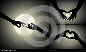 Set of romantic vector illustration with hand gesture silhouettes on moonlit night