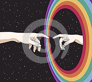 Reaching hands. Rainbow in space. Starry sky. Romantic LGBT poster