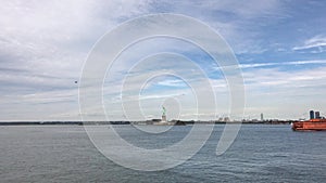 Reaching to New York Manhatten from sea. Close up of skyline of manhatten in new york from the staten island ferry