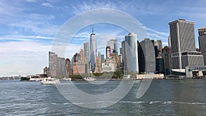 Reaching to New York Manhatten from sea. Close up of skyline of manhatten in new york from the staten island ferry