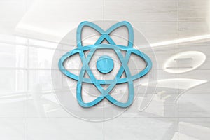 React on glossy office wall realistic texture