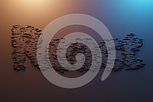 React language. Programming web apps. Word React of the square pixels on a black background