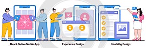 React native mobile app, experience design, usability testing concept with tiny people. Mobile app development process abstract