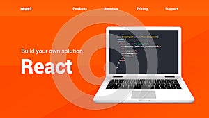 React programming code technology banner. React language software coding development website design