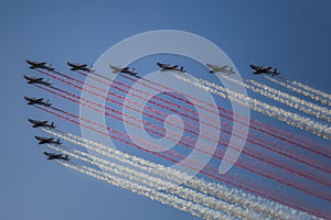 Reactive jet plane flying in formation on blue sky