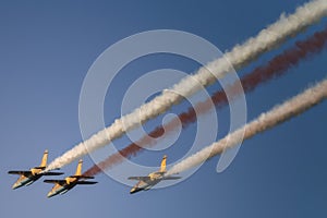 Reactive jet plane flying in formation on blue sky