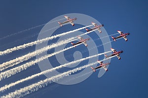 Reactive jet plane flying in formation on blue sky