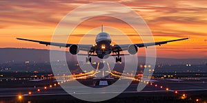 reactive plane off from an airport runway at sunset or dawn with the landing gear down, civil aviation day, banner