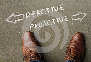 Reactive and Proactive written on the floor with arrows pointing in opposite directions