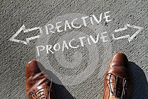 Reactive and Proactive written on the floor with arrows pointing in opposite directions