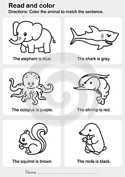 Read and color : Color the animal to match the sentence