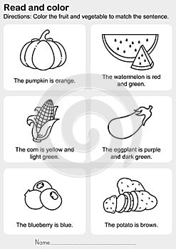 Read and color : Color the fruit and vegetable to match the sentence