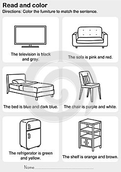 Read and color : Color the furniture to match the sentence photo